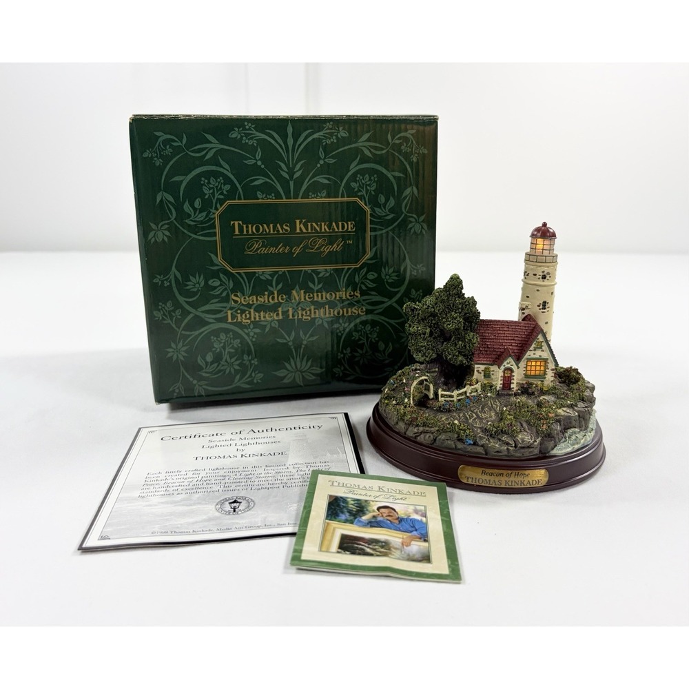 1999 Thomas Kinkade Beacon of Hope Lighted Lighthouse Seaside Memories COA Box